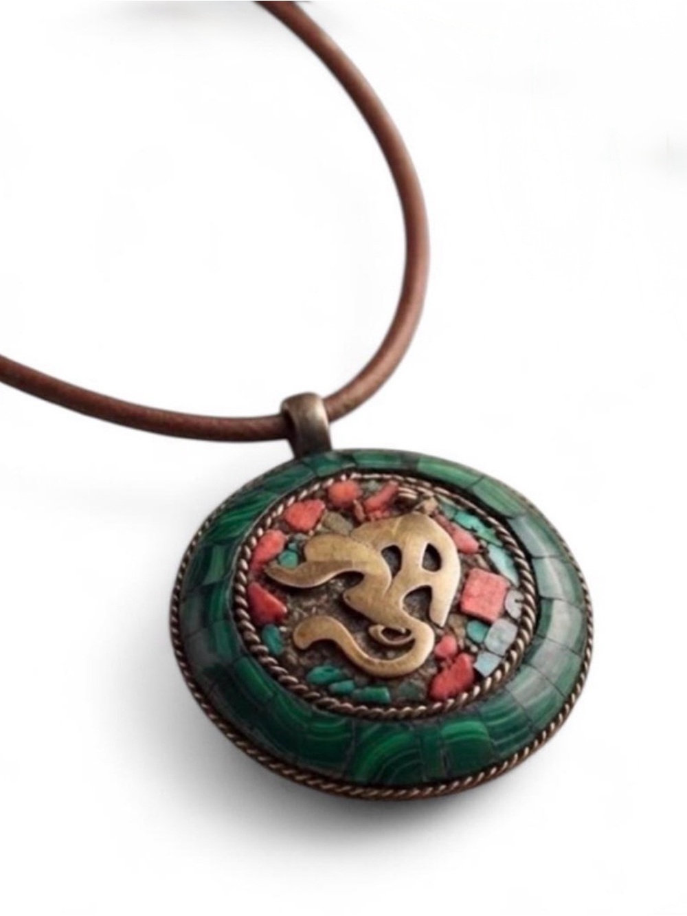 Vintage Tibetan Green Malachite & Coral Pendant Necklace